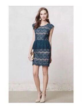 Anthropologie Maeve Elsa Peplum Lace Sheath Dress Green Teal NWT Size Small